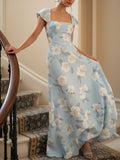 Maxi Linen Dress, Short Sleeves, Square Neck, Floral, Vintage, Blue