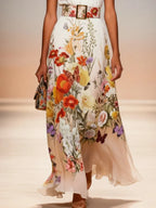 Orange Floral Chiffon Halter Mock Neck Sleeveless A-Line Maxi Dress