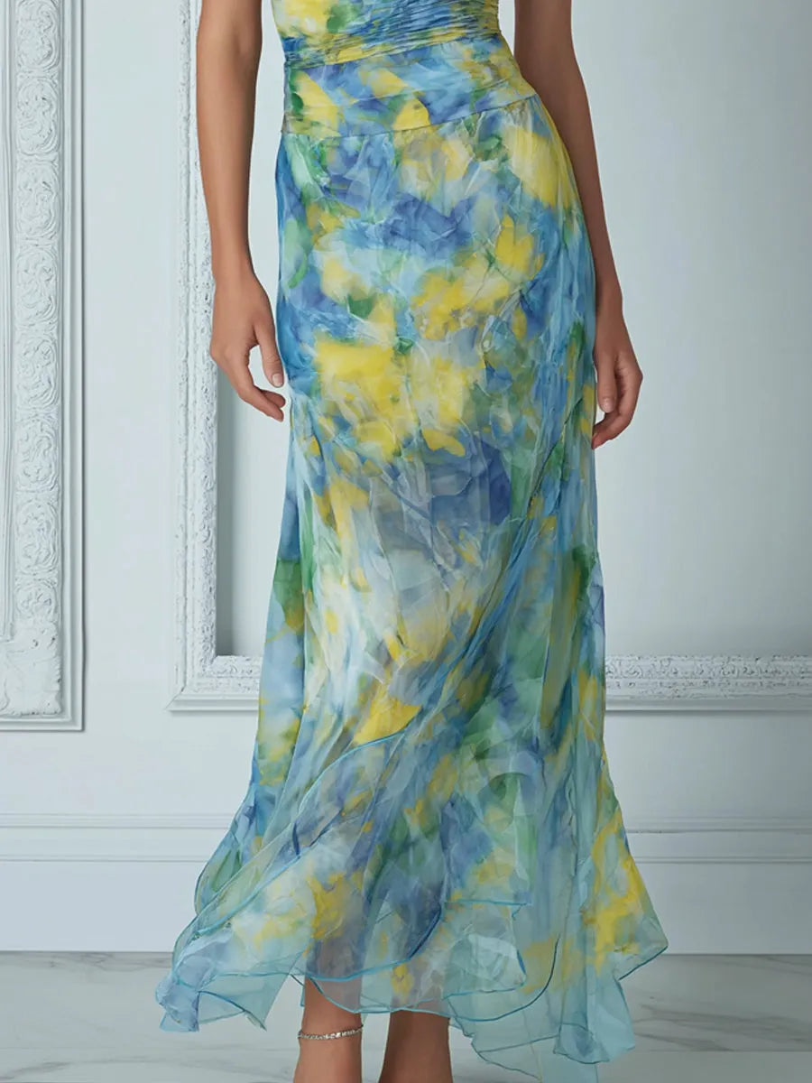 Elegant Draped Cowl Neck Blue Yellow Impressionist Print Dress