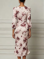 Blush Floral Print Ruched Midi Dress