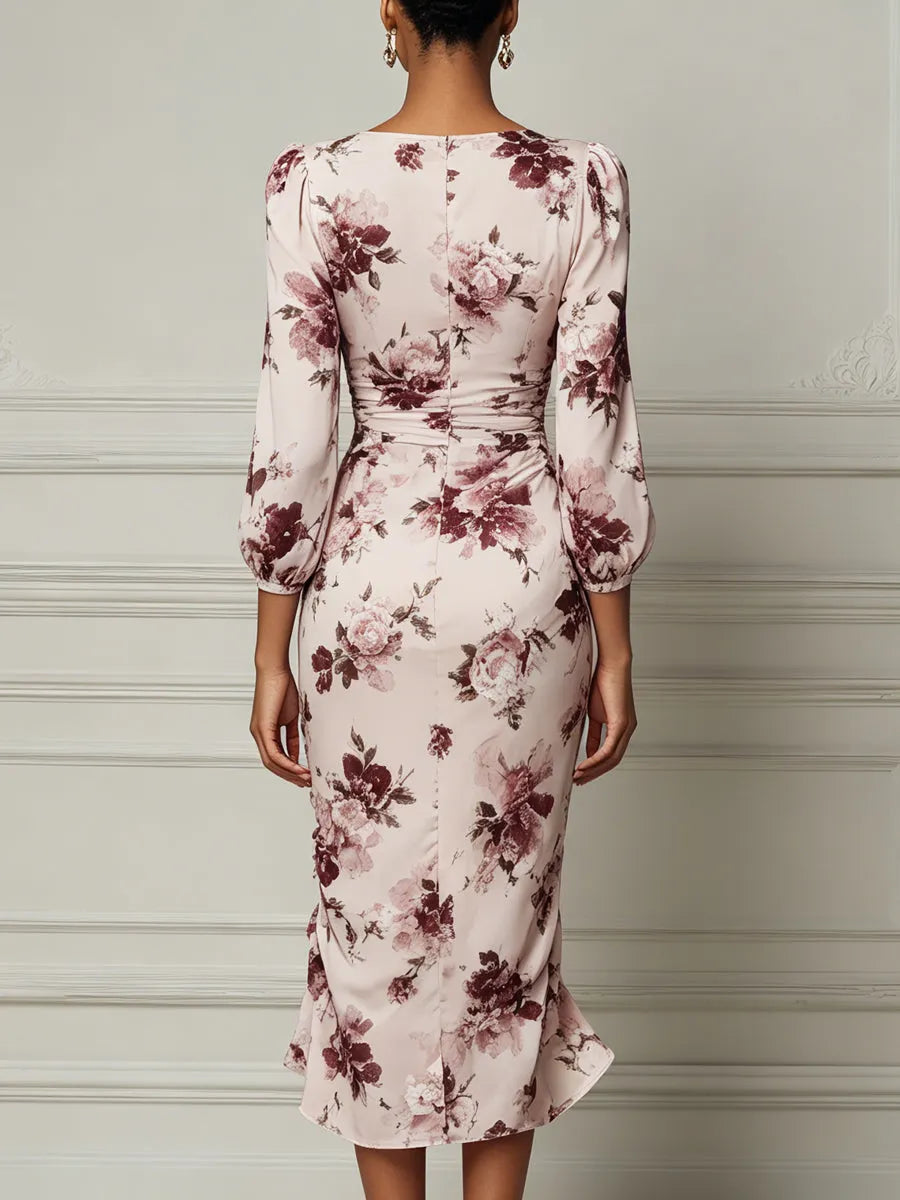 Blush Floral Print Ruched Midi Dress