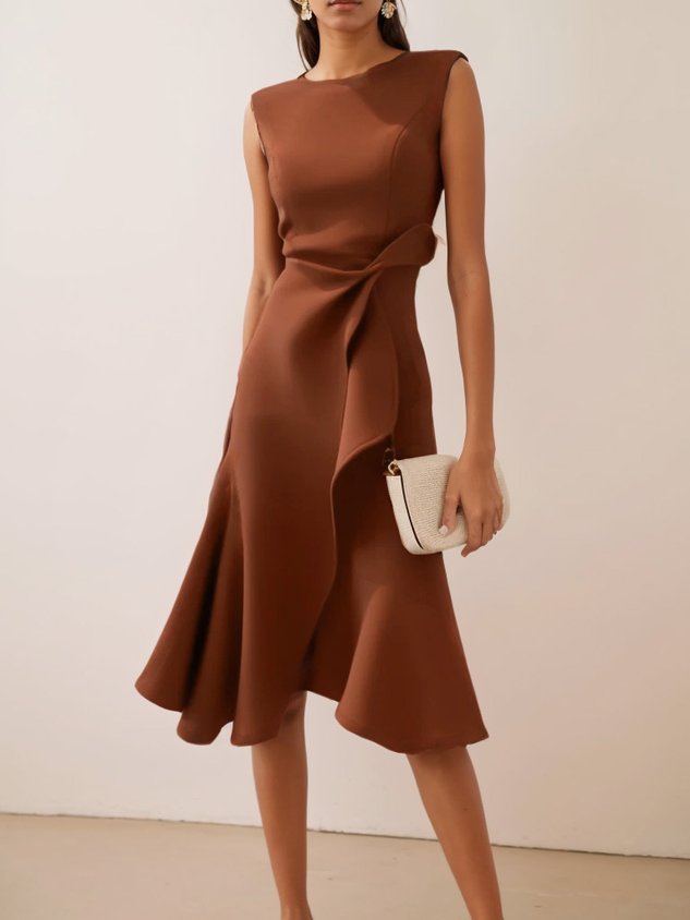 Red Asymmetric Ruffled Classic Boat Neck Sleeveless Midi Elegant A-line Dress with Waist Twist for Day-to-Night