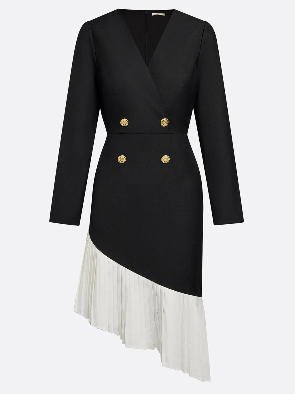 Black Irregular Craftsmanship Pleated Blazer V Neck Long Sleeve Sheath Midi Dress