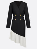 Black Irregular Craftsmanship Pleated Blazer V Neck Long Sleeve Sheath Midi Dress