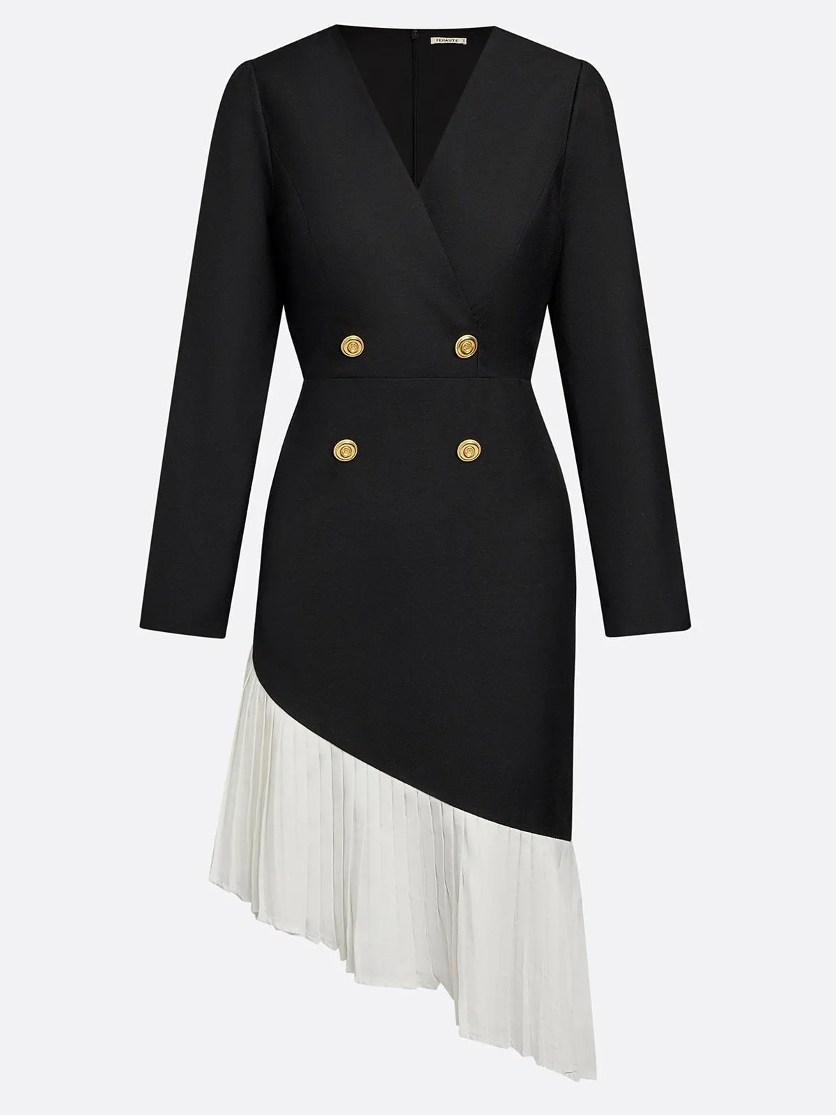 Black Irregular Craftsmanship Pleated Blazer V Neck Long Sleeve Sheath Midi Dress