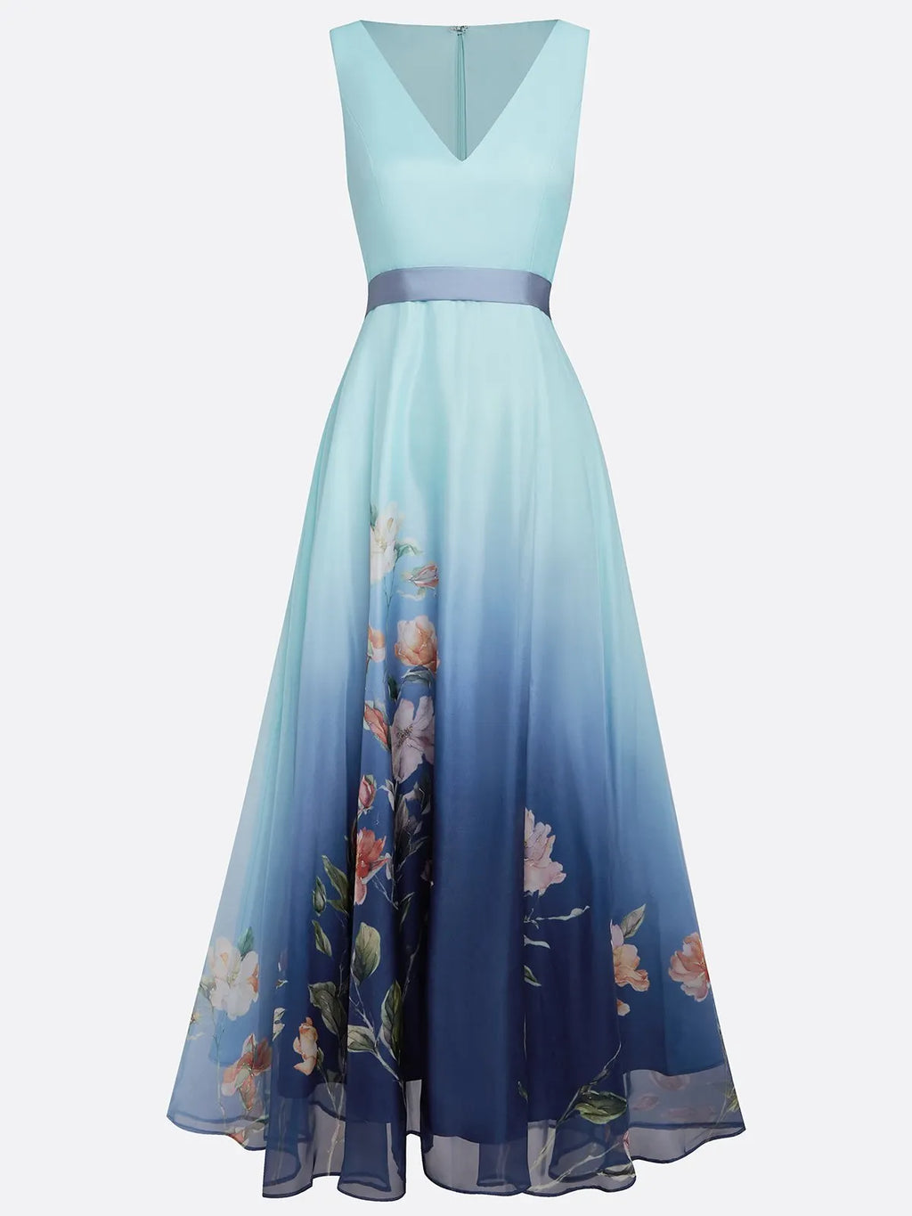 Light Blue Ombre Floral Chiffon V Neck Sleeveless A-Line Midi Dress