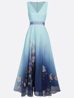 Light Blue Ombre Floral Chiffon V Neck Sleeveless A-Line Midi Dress