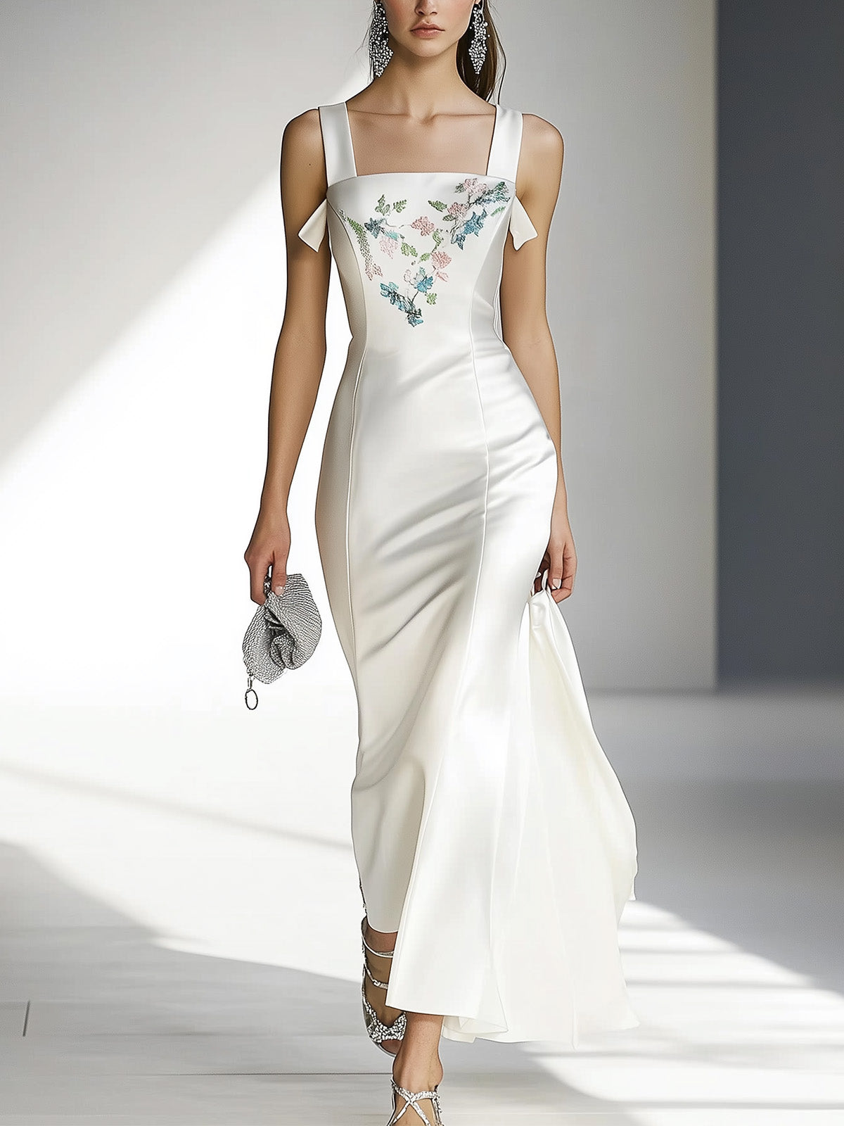 White Satin Embroidered Dress