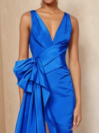 Royal Blue Bow Asymmetric Satin V Neck Sleeveless A-Line Maxi Dress