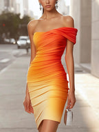 Sunset Gradient Off-Shoulder Ruched Dress