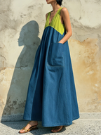 Blue & Green Colorblock Tencel Denim Sleeveless Maxi Dress