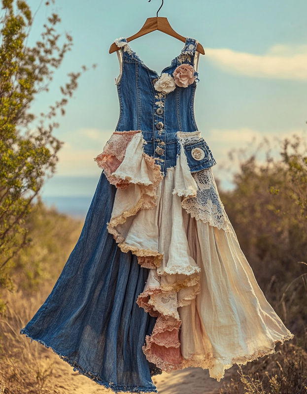 Summer Handmade Lace Denim Patchwork Dress e3ac