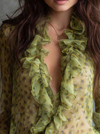 Sheer Lime Green Floral Ruffle Plunge Blouse