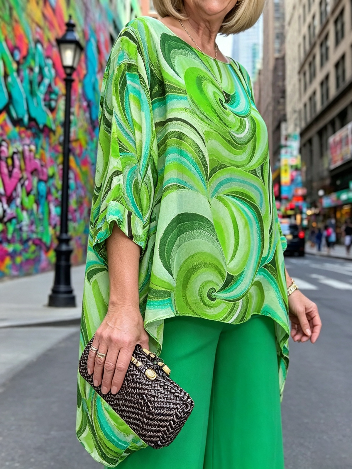 Vibrant Swirl Print Chiffon 2‐Piece Outfit, Loose Boat Neck Tunic Top & Bright Wide‐Leg Pants Set for Women