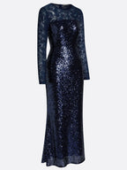 Navy Blue Lace Sequin Crew Neck Long Sleeve Sheath Maxi Dress