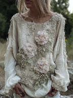 Vintage Pink Flowers Fiber Art Beaded Flowy Linen Tunic