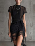 Black Chiffon Pleated Mini Dress With Lace Hem And Ruched Waist Design