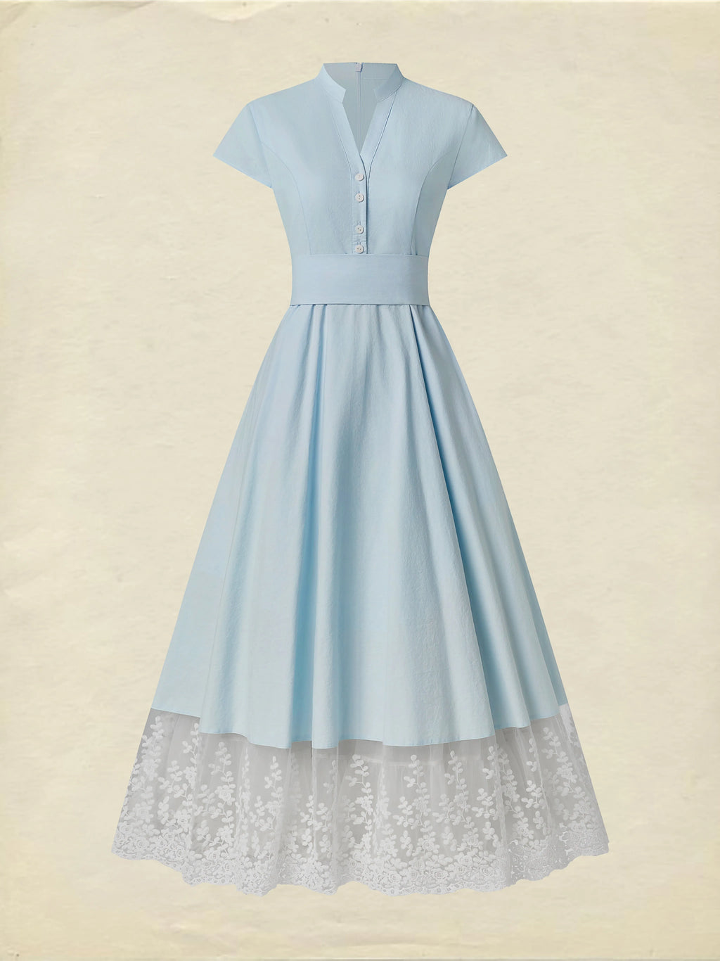 Maxi Cotton Dress , Short Sleeves, V Neck, Plain, Lace, French Vintage, Aqua blue