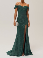 Blue Ruched Slit Sequin Off The Shoulder Short Sleeve Sheath Gown