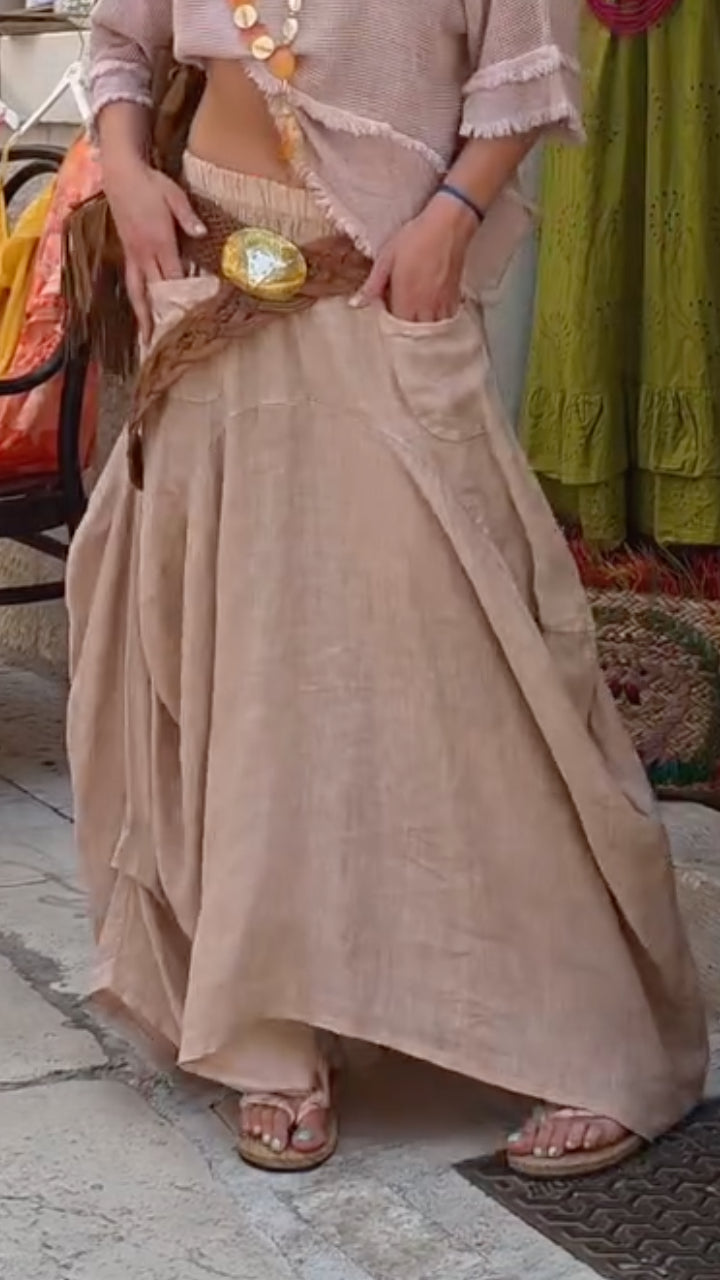 Beige Linen Layered Maxi Skirt