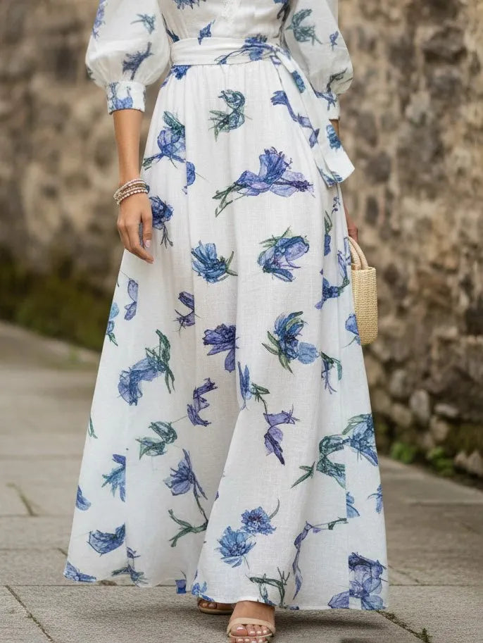 Maxi Linen Dress, Half Sleeve, V Neck, Floral, Lace, Vacation, Vintage, Blue