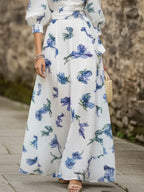 Maxi Linen Dress, Half Sleeve, V Neck, Floral, Lace, Vacation, Vintage, Blue