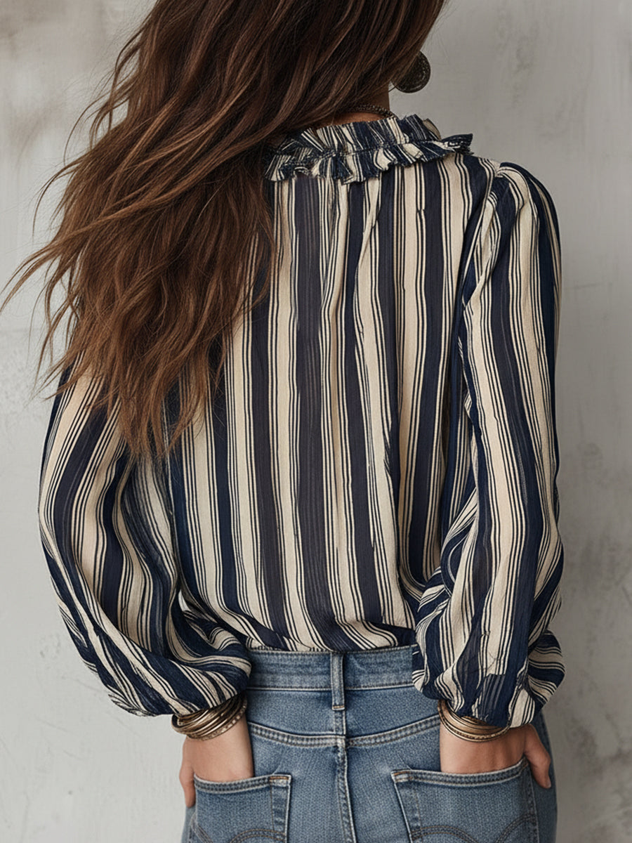 Bohemian Striped Chiffon Blouse With Ruffles