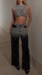 Rhinestone Embellished Crop Top & Wide Leg Pants Set