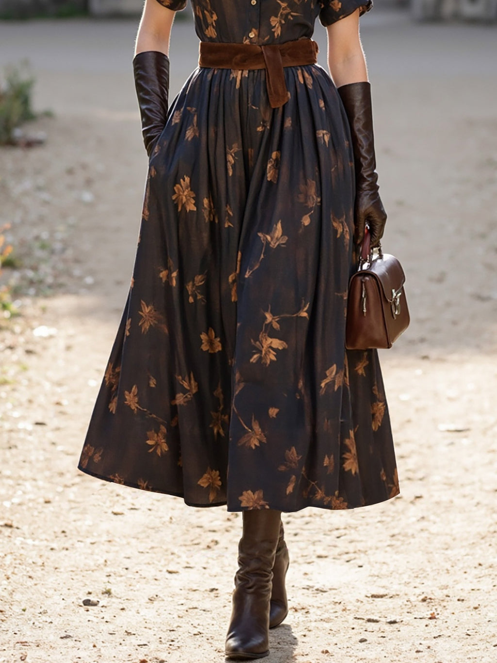 Midi Linen Dress, Short Sleeves, Shawl Collar, Floral, Button Design, Vintage, Deep Brown