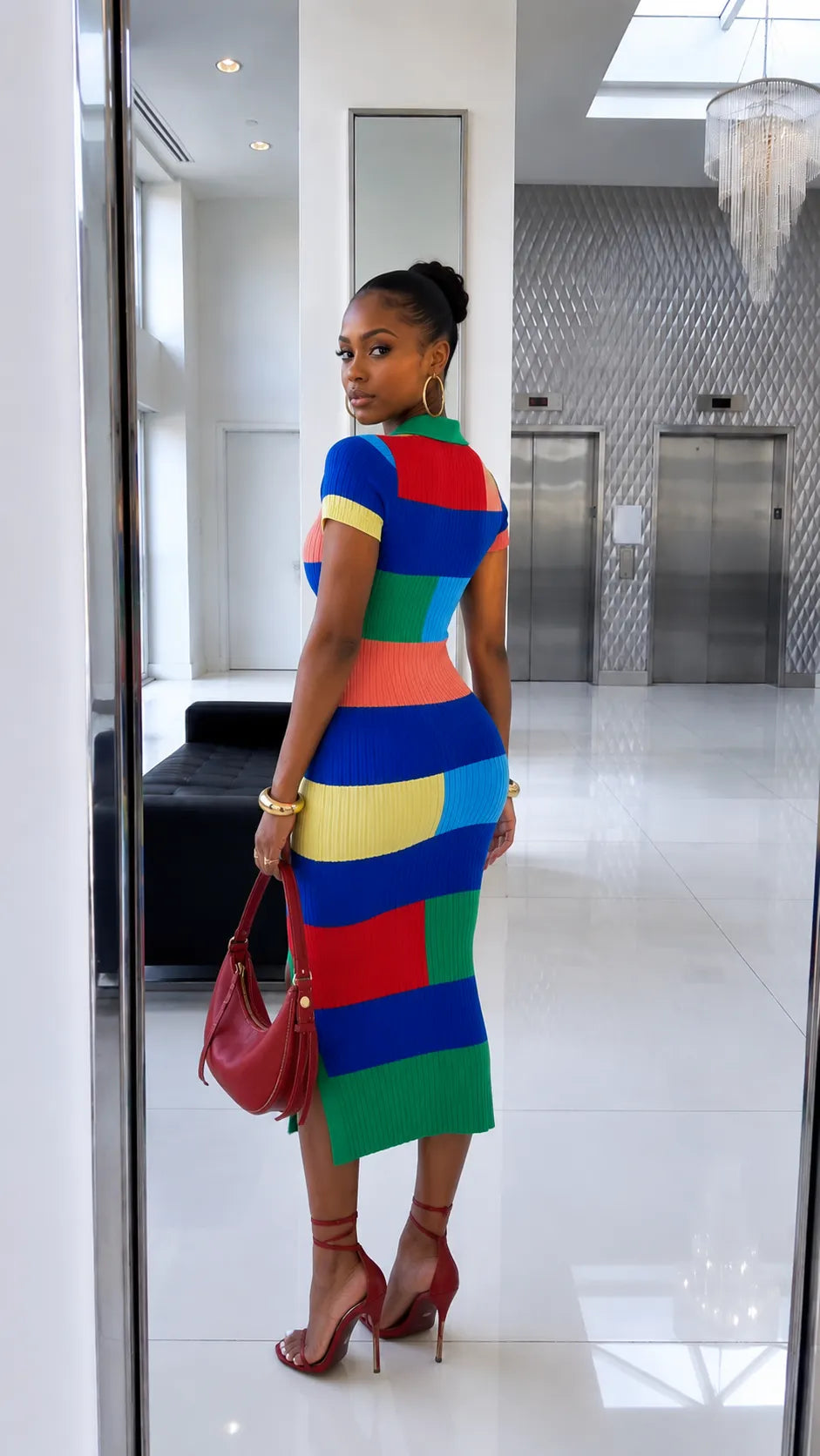 Women's Color-Block Bodycon Dress with Collar