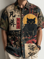 Japanese Art Taste Cat Men Cotton And Linen Short Sleeve Shirt