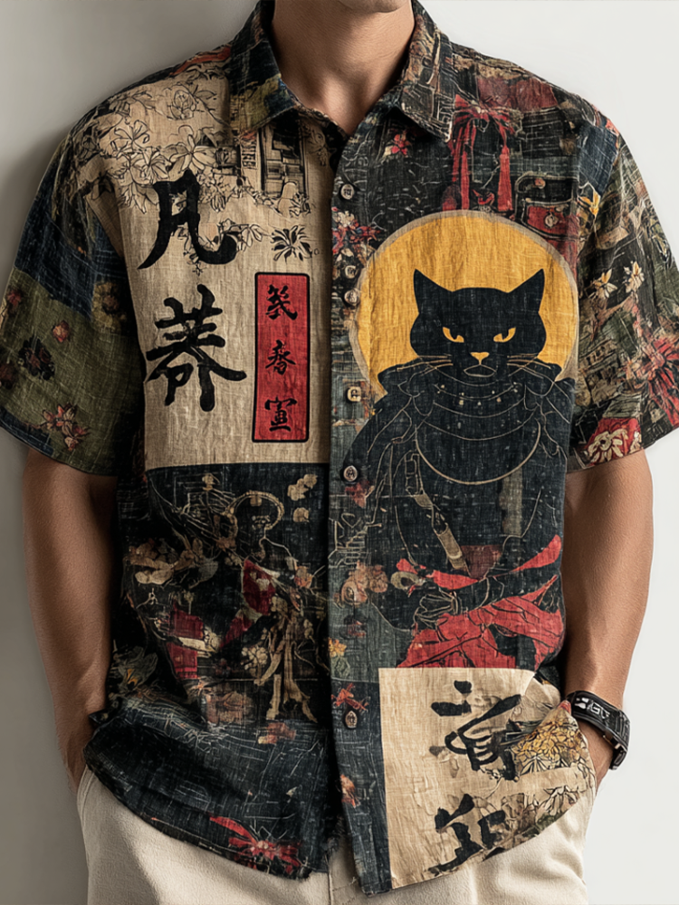 Japanese Art Taste Cat Men Cotton And Linen Short Sleeve Shirt