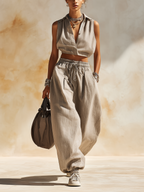 Linen-Blend Cropped Vest & Balloon Pants Two-Piece Set | Casual Chic Loungewear
