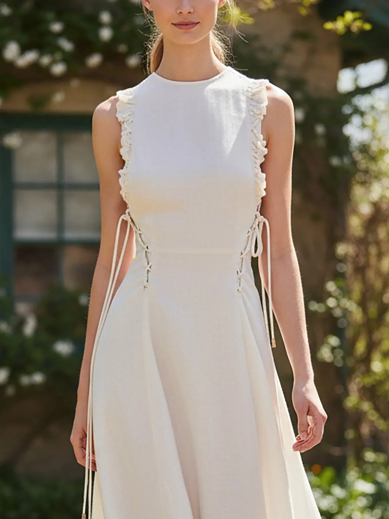 Maxi Linen Dress, Sleeveless, Round Neck, Plain, Ruffles, French Vintage, White