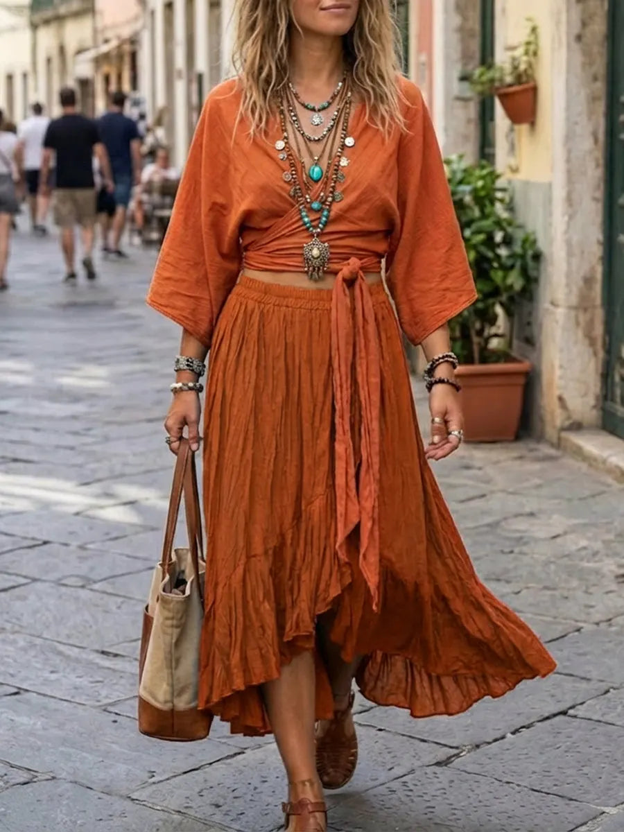 Bohemian Lace-up Linen And Cotton Top And Skirt Two-piece Set