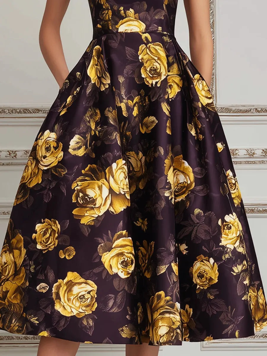 Dark Purple & Gold Rose Print A-Line Midi Dress