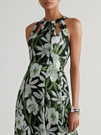 Green Floral Hollow Out Chiffon Halter Crew Neck Sleeveless A-Line Maxi Dress