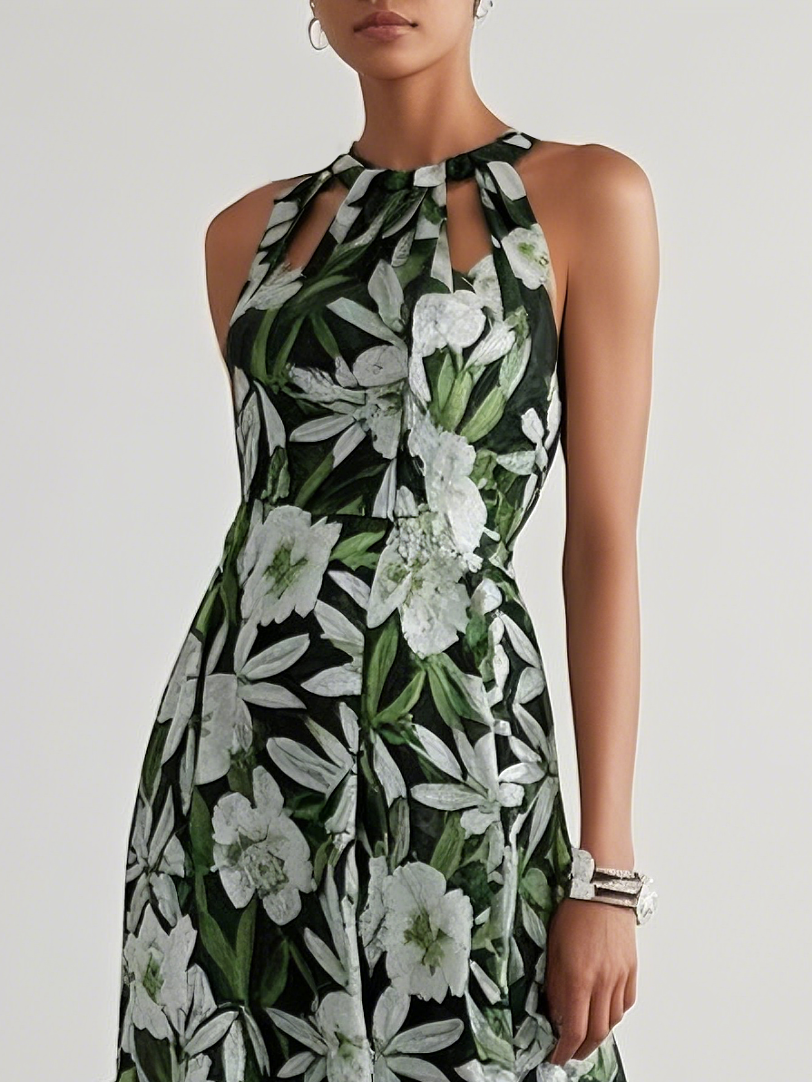 Green Floral Hollow Out Chiffon Halter Crew Neck Sleeveless A-Line Maxi Dress