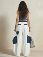 Oversized Striped Denim Patch Wide-Leg Cargo Pants