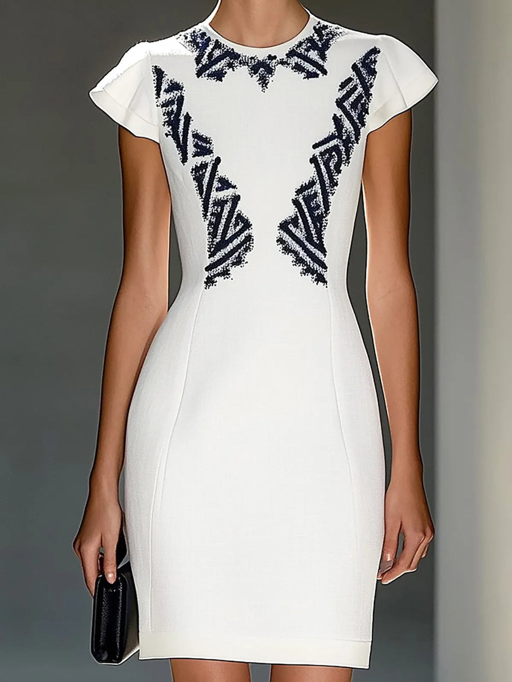 Stylish White Dress With Navy Blue Symmetrical Embroidery