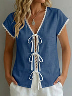 Color-block Short-sleeve Laces Top