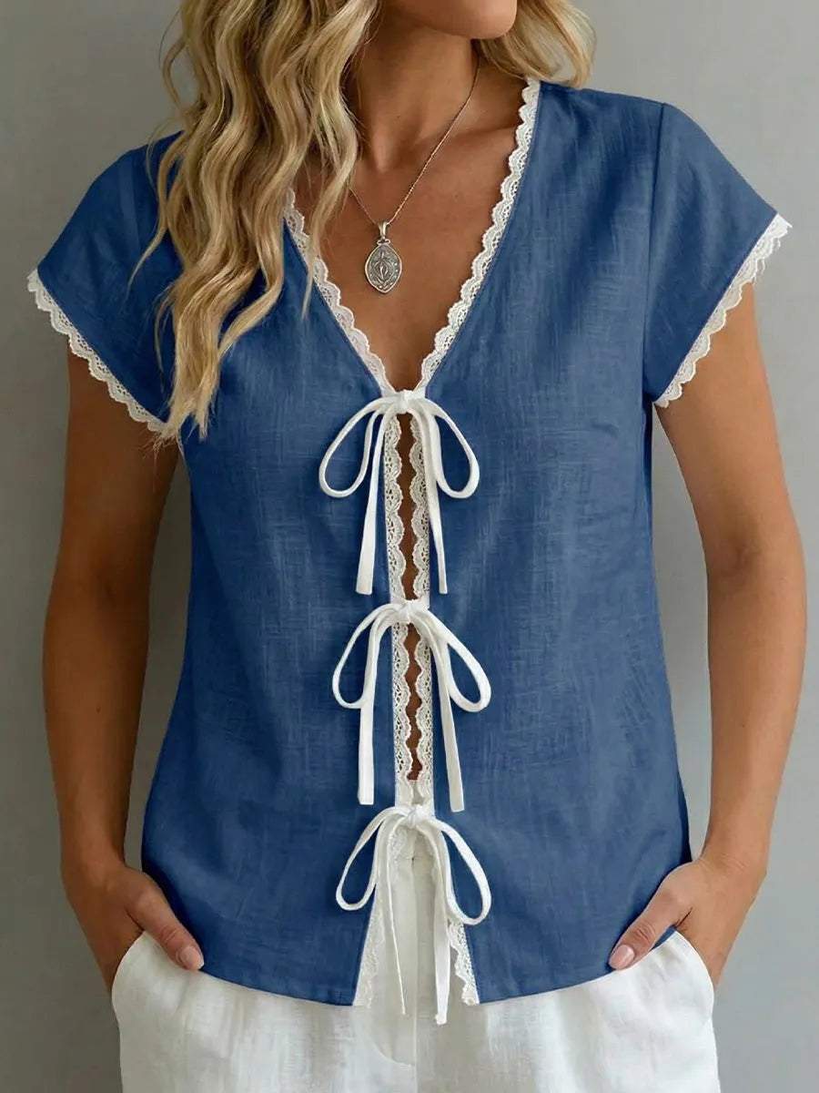 Color-block Short-sleeve Laces Top