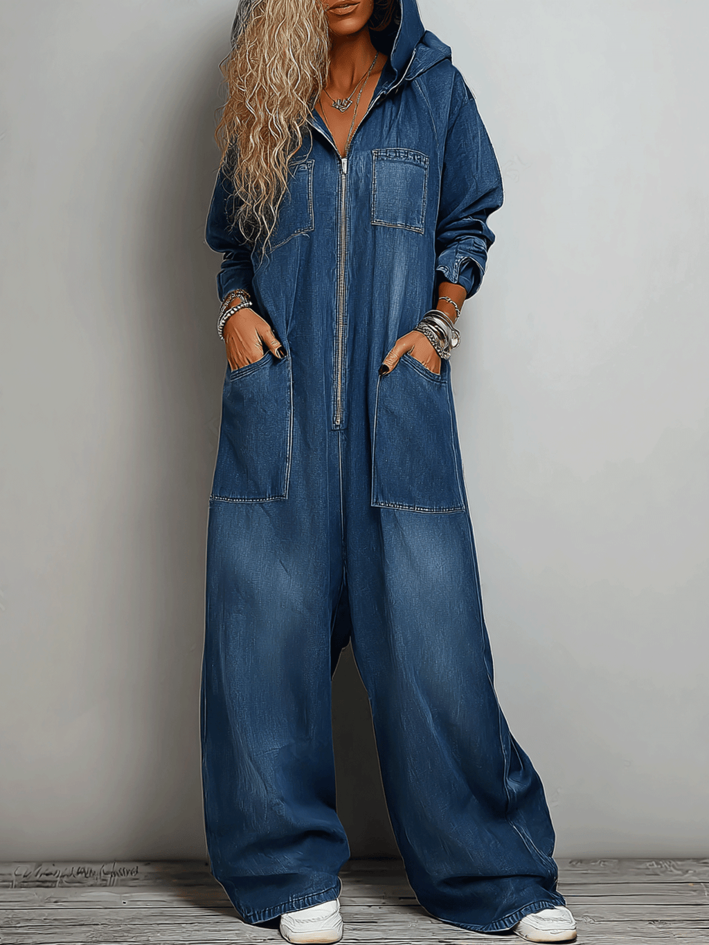 Women’s Hooded One Piece Denim Jumpsuit