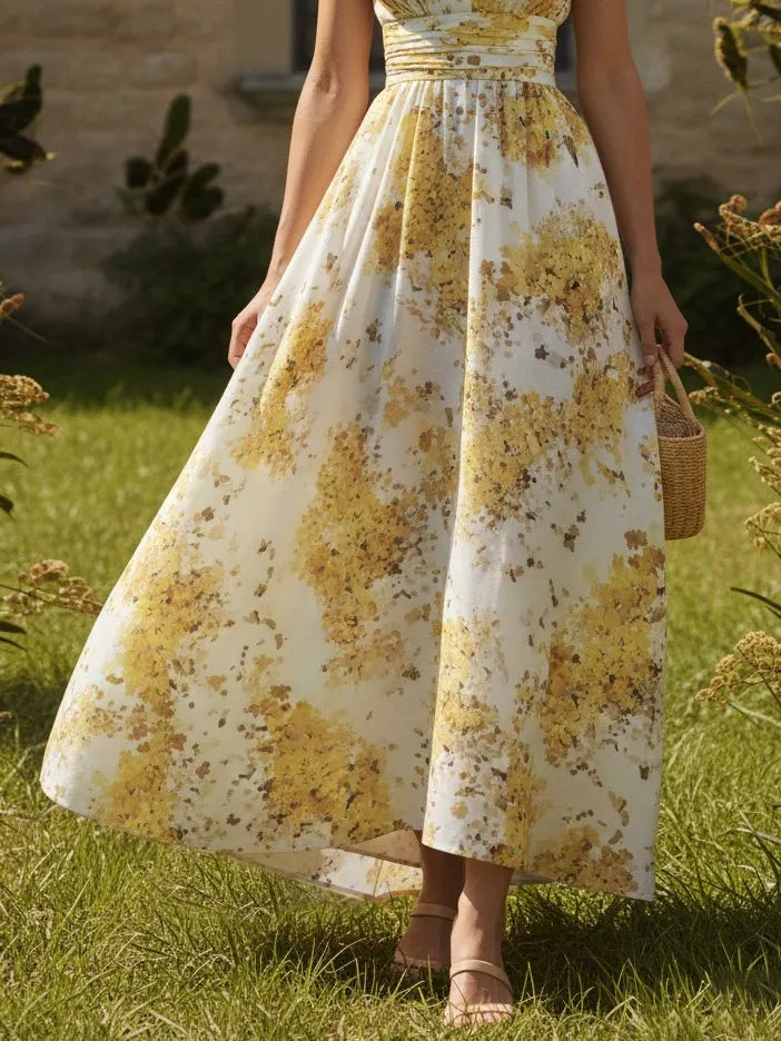 Maxi Linen Dress, Sleeveless, V Neck, Floral, Vacation, Vintage, Light Yellow