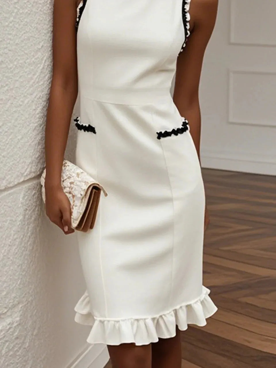 White Lace Cotton Classic Crew Neck Sleeveless Balloon Sleeve Sheath Midi Dress
