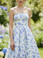 Maxi Cotton Dress, Sleeveless, Strapless, Floral, Vacation, Vintage, Blue