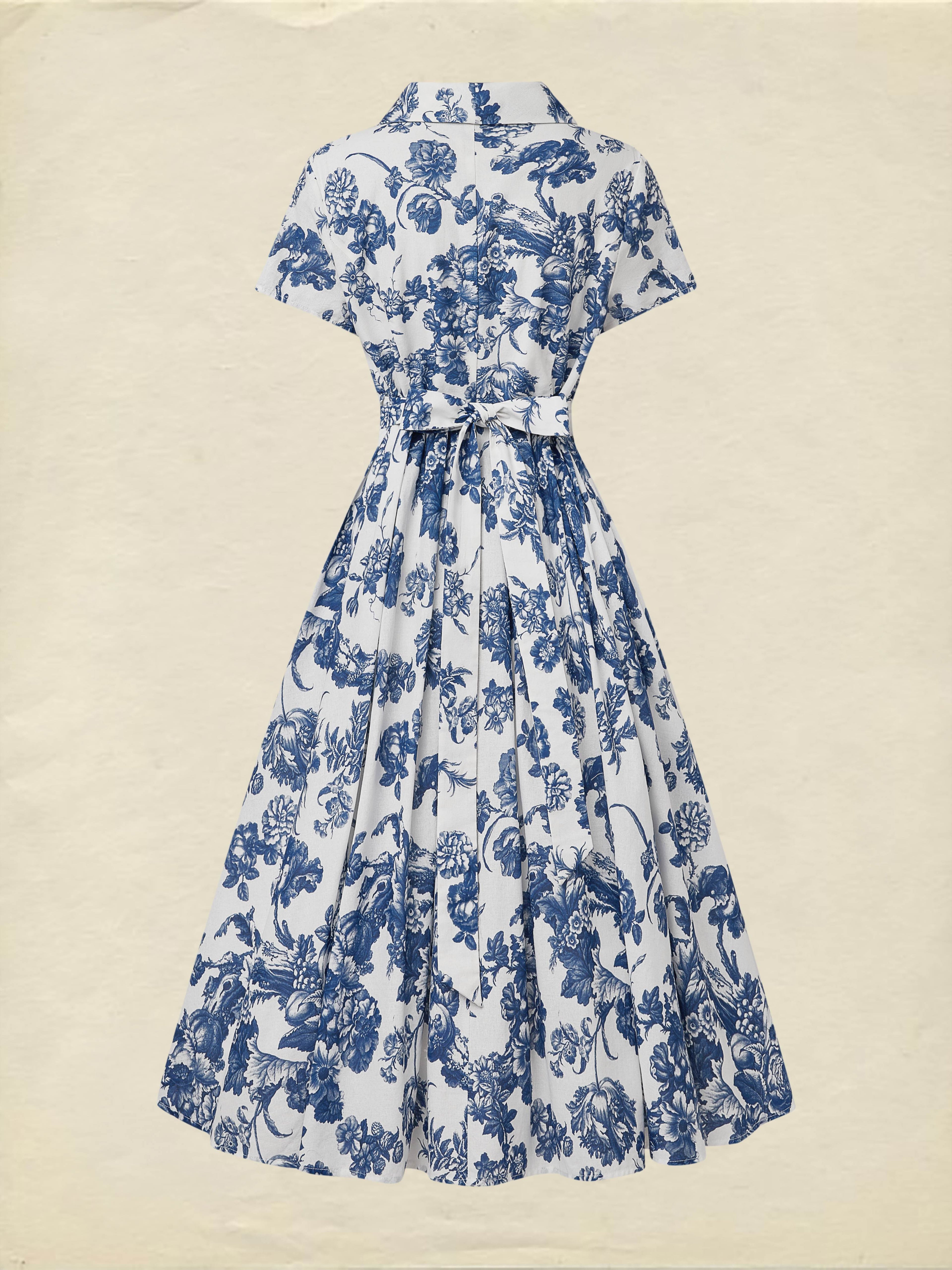 Midi Linen Dress , Short Sleeves, Shawl Collar, Floral, Vacation, Vintage, Blue