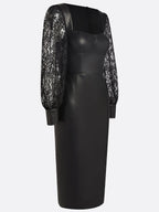 Black Lace Faux Leather Square Neck Long Sleeve Balloon Sleeve Sheath Midi Dress