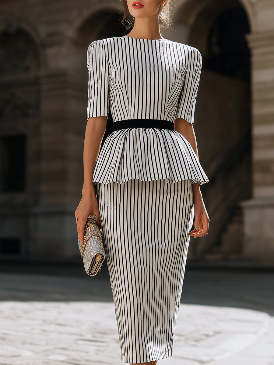 Striped Peplum Top And Pencil Skirt Set