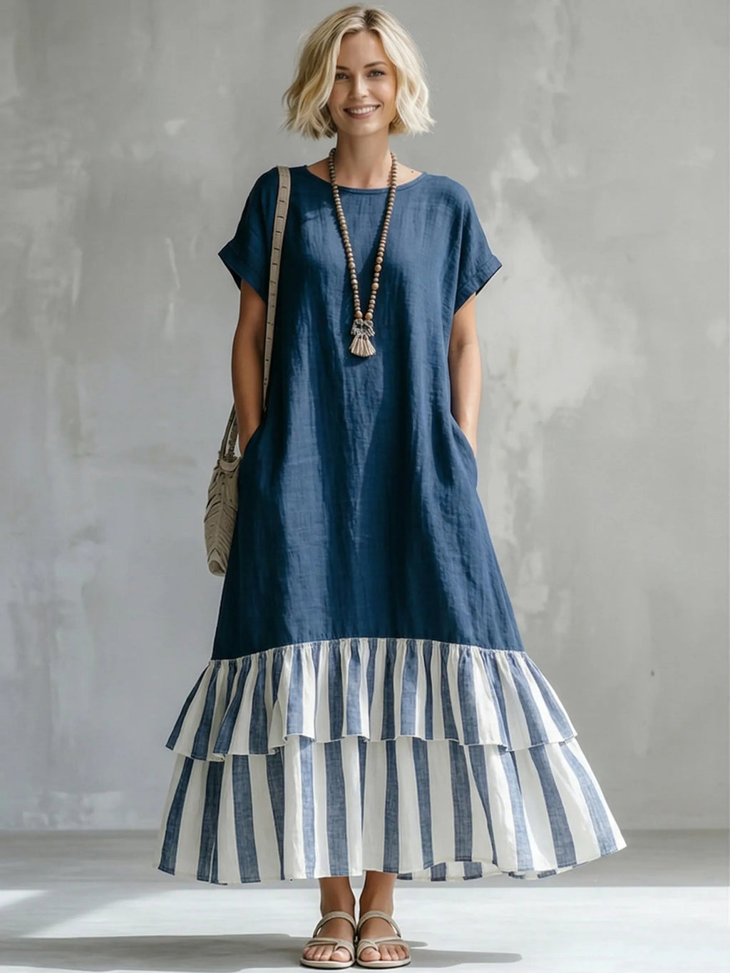 Cozy Striped Patchwork Ruffled Loose Cotton-linen Maxi Dress